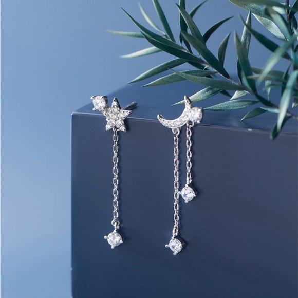 Asymmetry Moon Crescent Star Tassel Drop Stud Small Dangle Earrings - SS068 - Picture 2 of 8